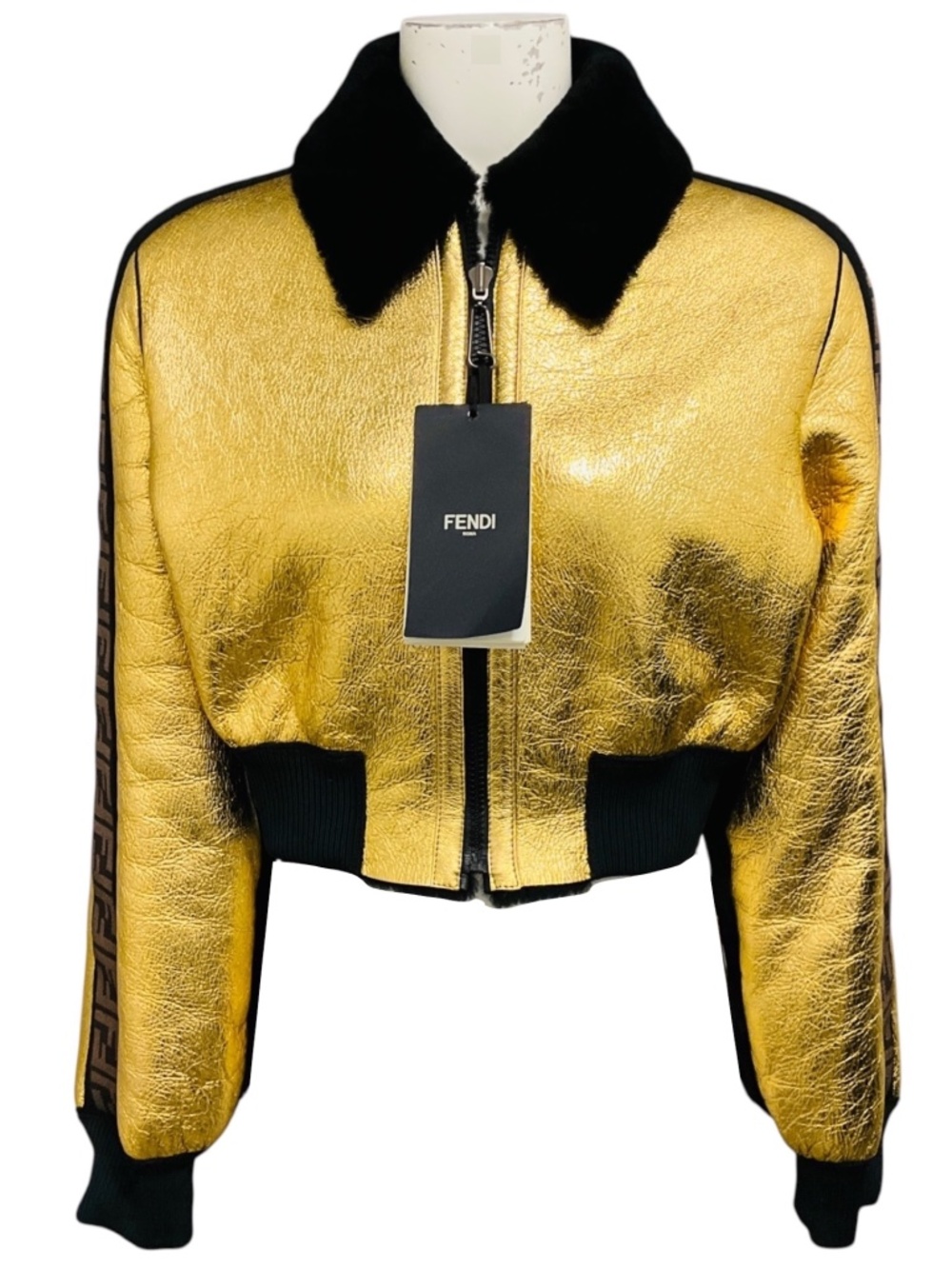 FENDI GOLD METALLIC / BROWN FF LOGO TRIMMED CRINKLED LAMBSKIN LEATHER CROPPED ZI